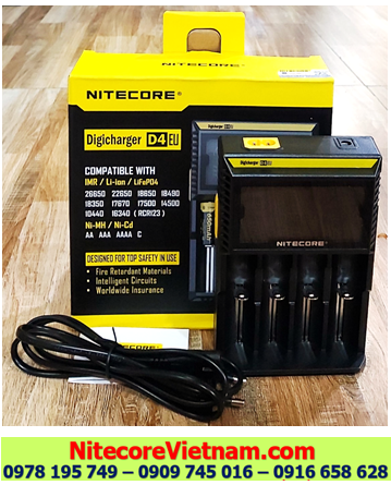 Máy sạc pin Lithium Nitecore D4 _04 khe sạc _Có màn hình LCD _Sạc pin 18650, 18350, 26500, 14500, 16340, CR123A...